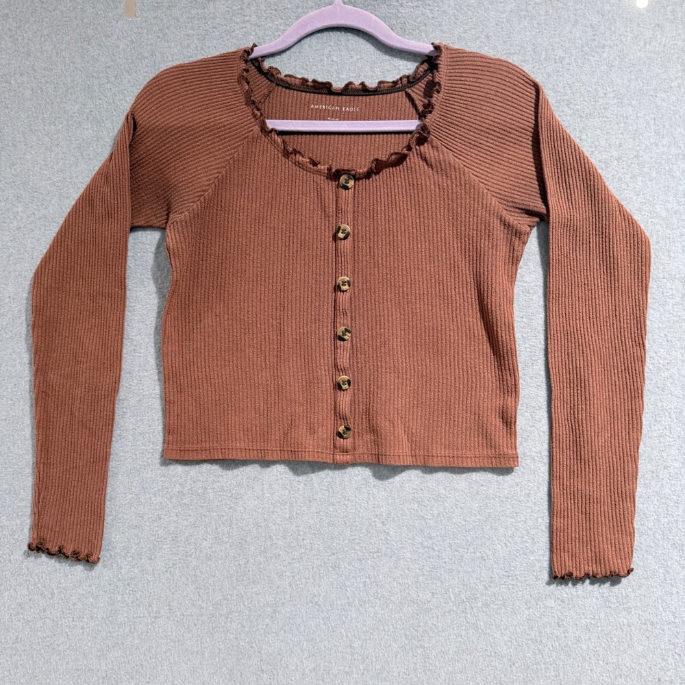 American Eagle Women Brown Ribbed Lettuce Edge Button Front Cropped Cardigan M